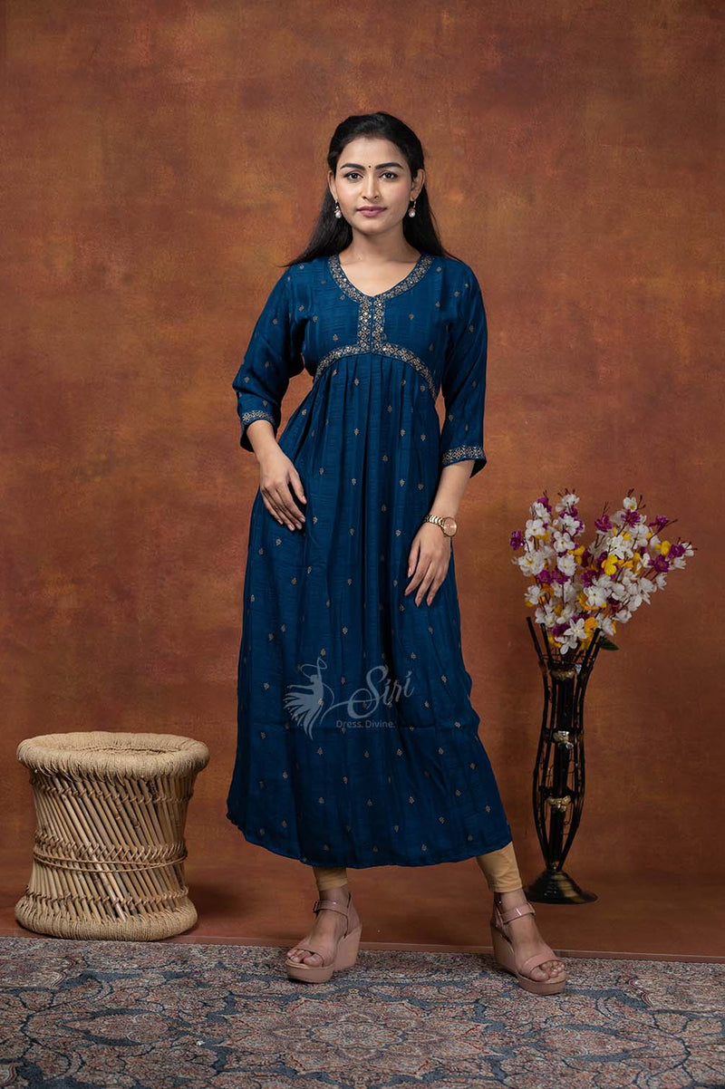 Royal Blue Chanderi Cotton Straight Cut Kurti