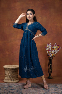 Royal Blue Chanderi Cotton Straight Cut Kurti