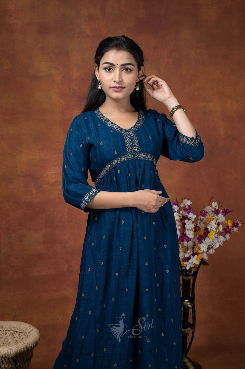 Royal Blue Chanderi Cotton Straight Cut Kurti