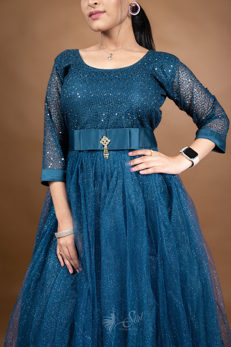 Teal Blue Soft Net Chudidar Kali