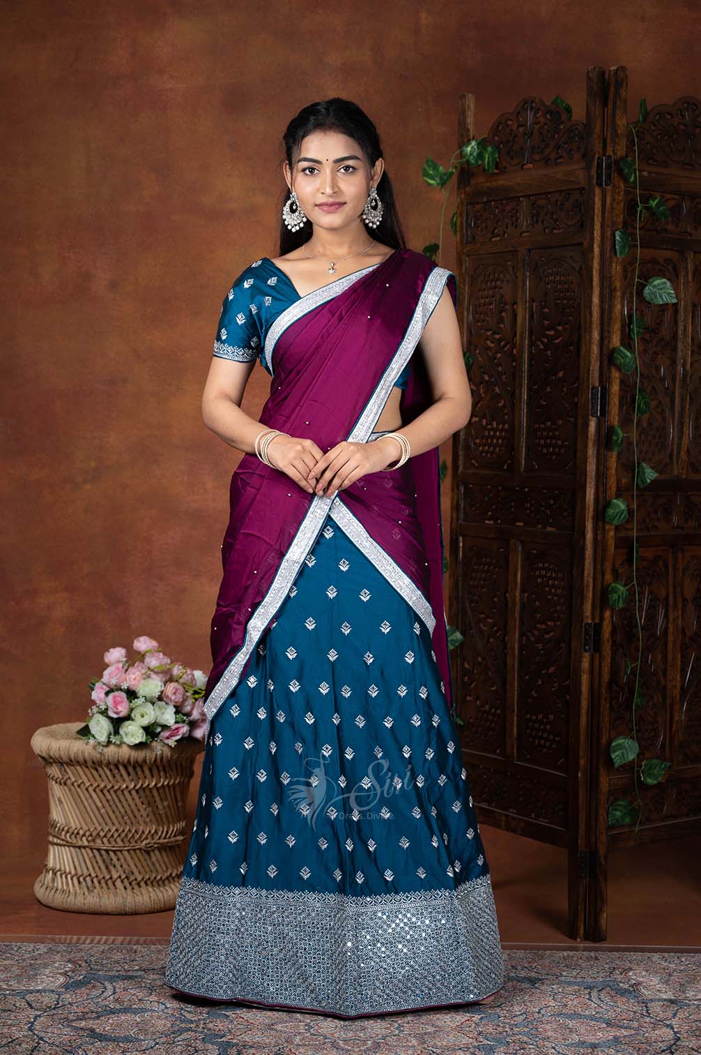 Silver Zari Motifs Work Crape Half Saree