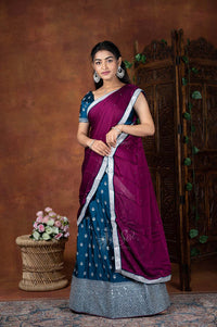 Silver Zari Motifs Work Crape Half Saree