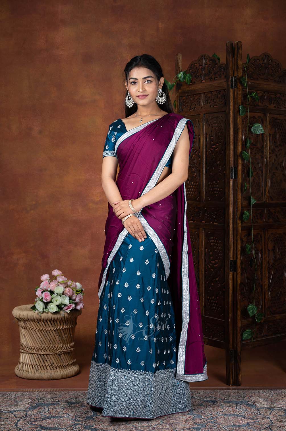 Prisha- navy blue basil green classical kanjivaram Jacquard half saree