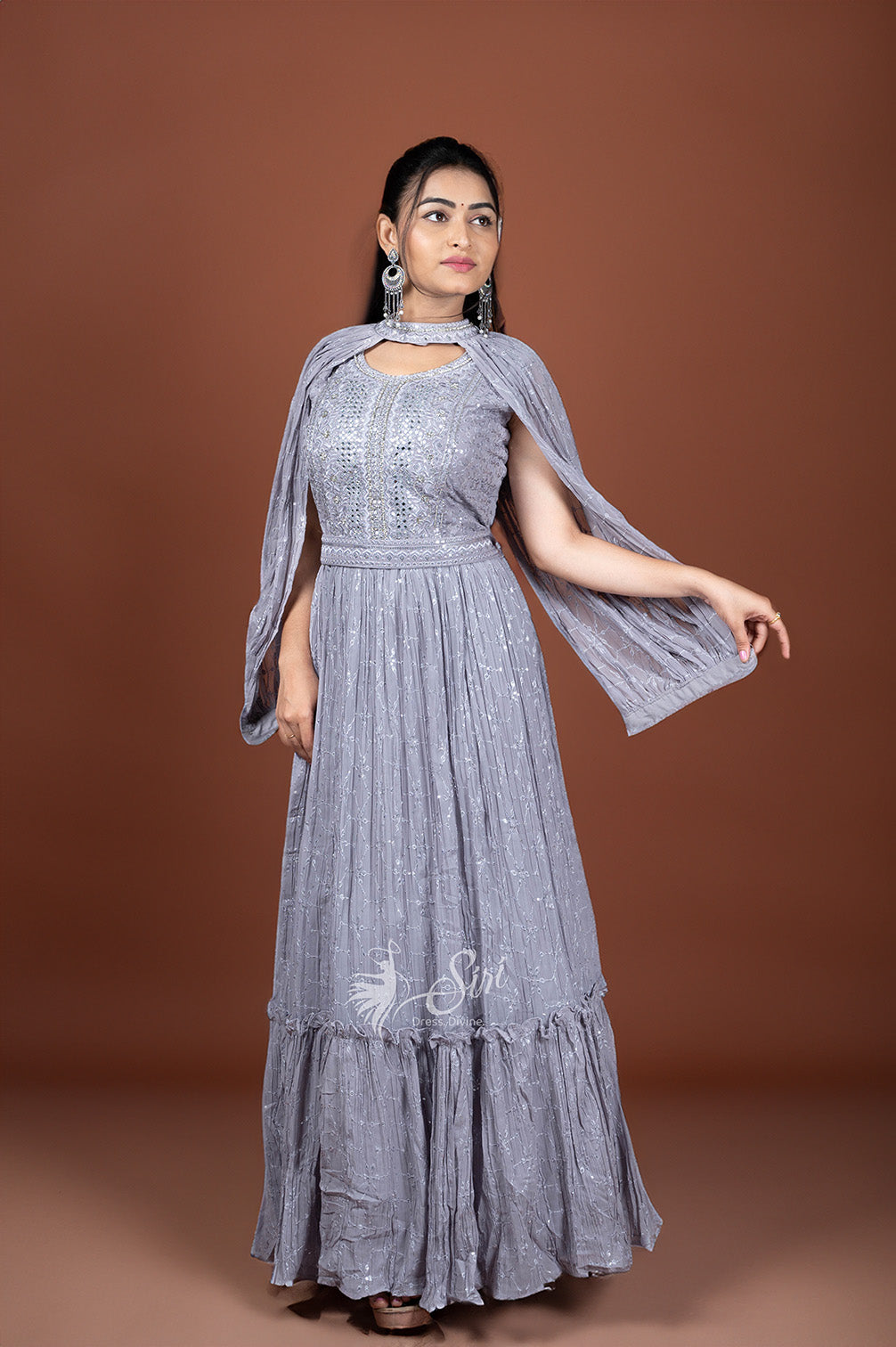 Gray Colour Chips & Thread Work Chudidar Kali