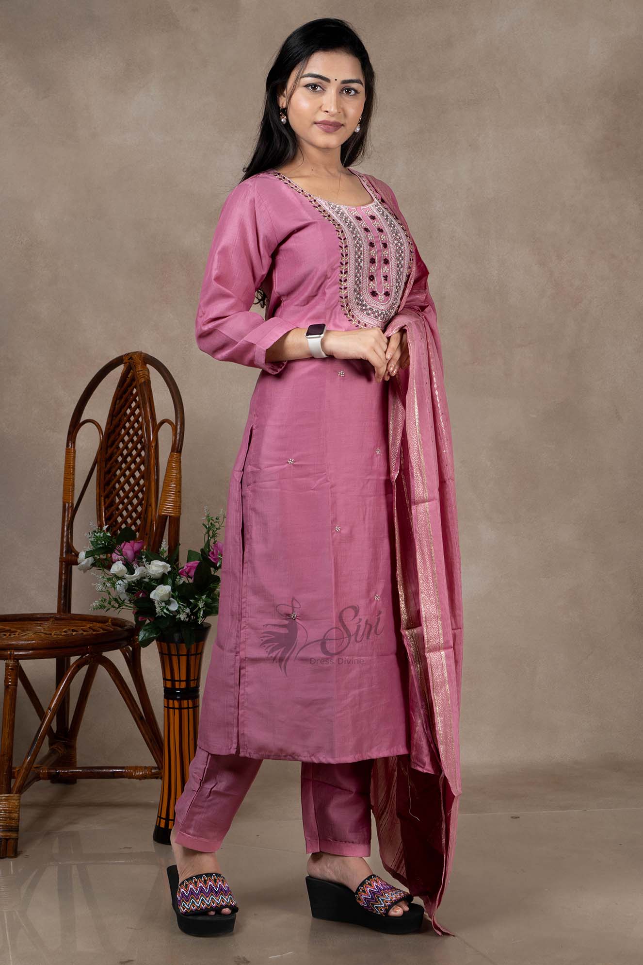 Rose Pink Thread Embroidery Work  Salwar Straight Cut