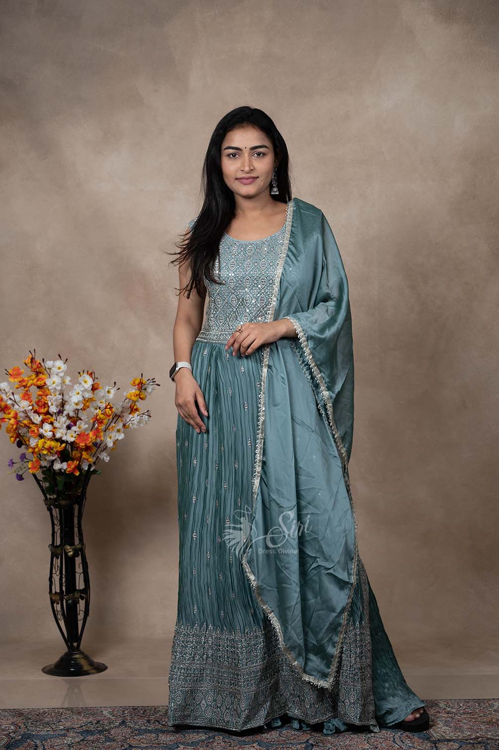 Teal Green Crushed Thread And Chips Work Chudidar Kali