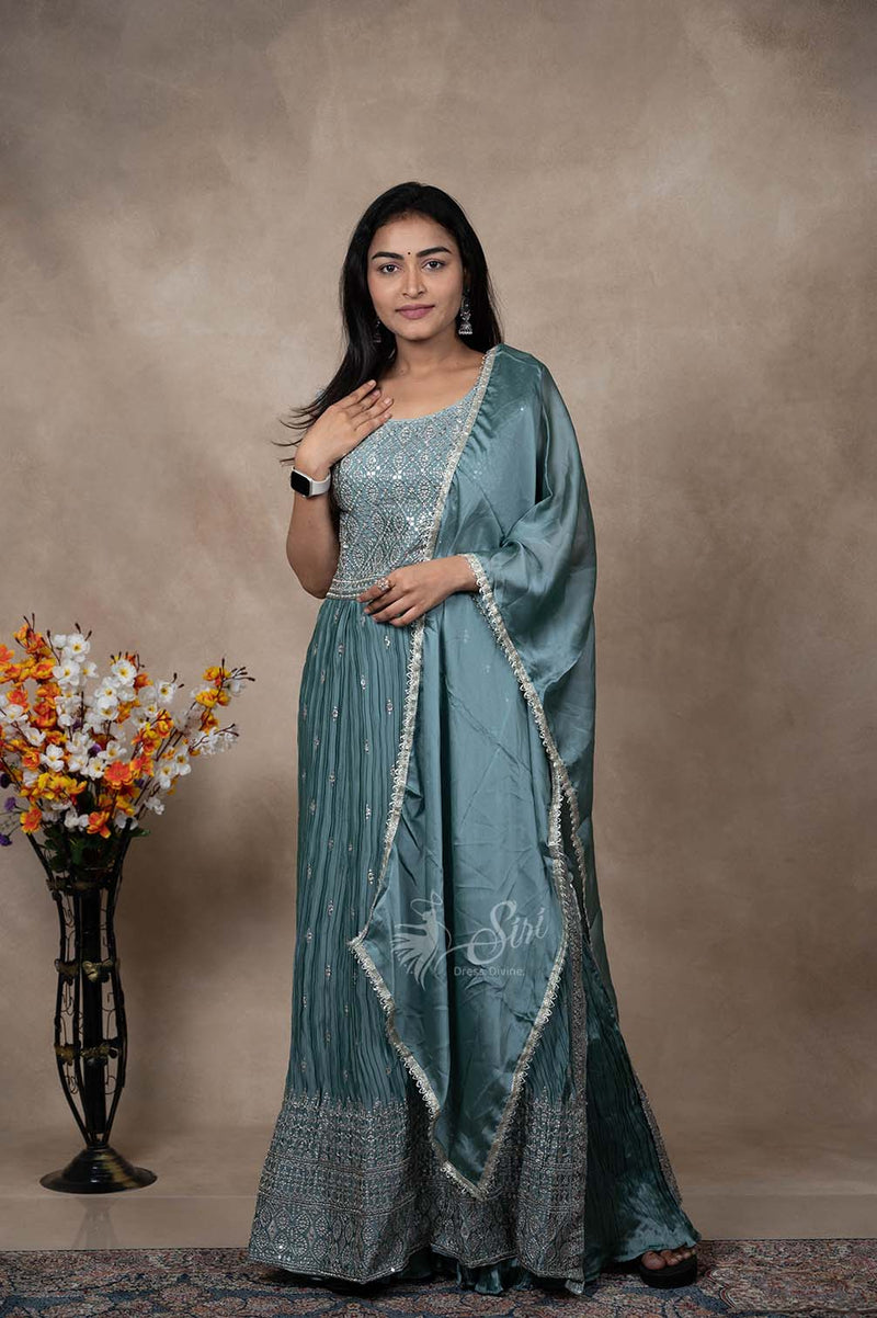 Teal Green Crushed Thread And Chips Work Chudidar Kali