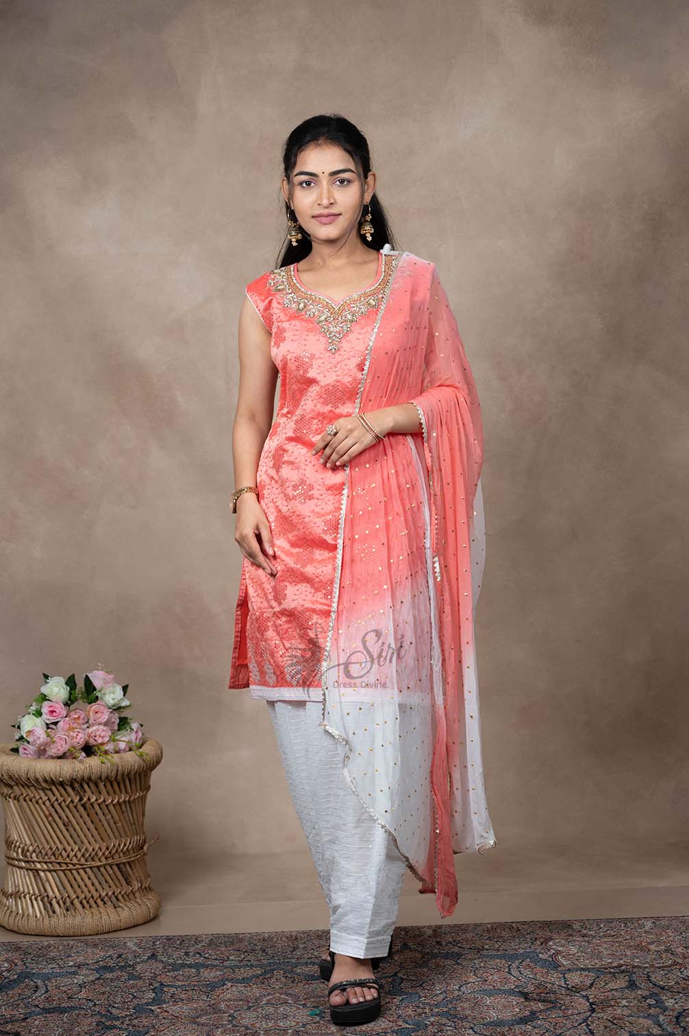Coral Pink Thread And Stone Embroidery Work  Patiyala Set
