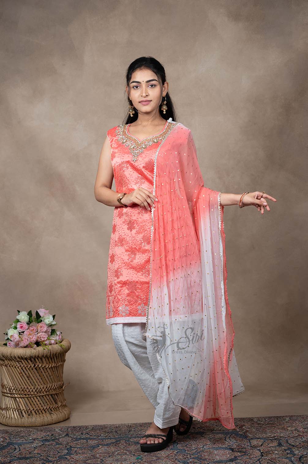Coral Pink Thread And Stone Embroidery Work  Patiyala Set