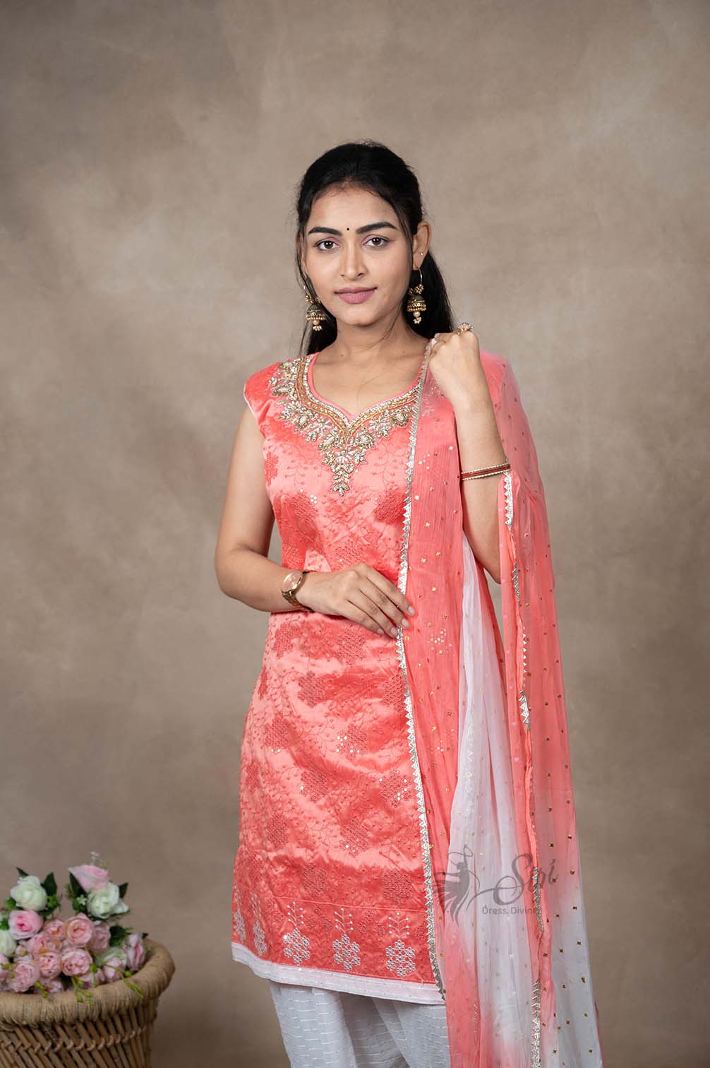 Coral Pink Thread And Stone Embroidery Work  Patiyala Set