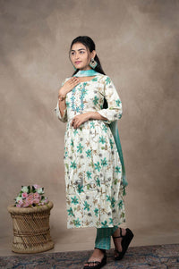 Off White Cotton 3 Pcs Bottom Duppata Set
