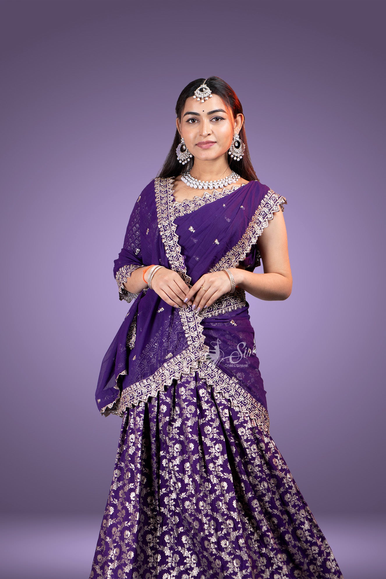 Violet colour banaras crape half saree – Siri.Fashion
