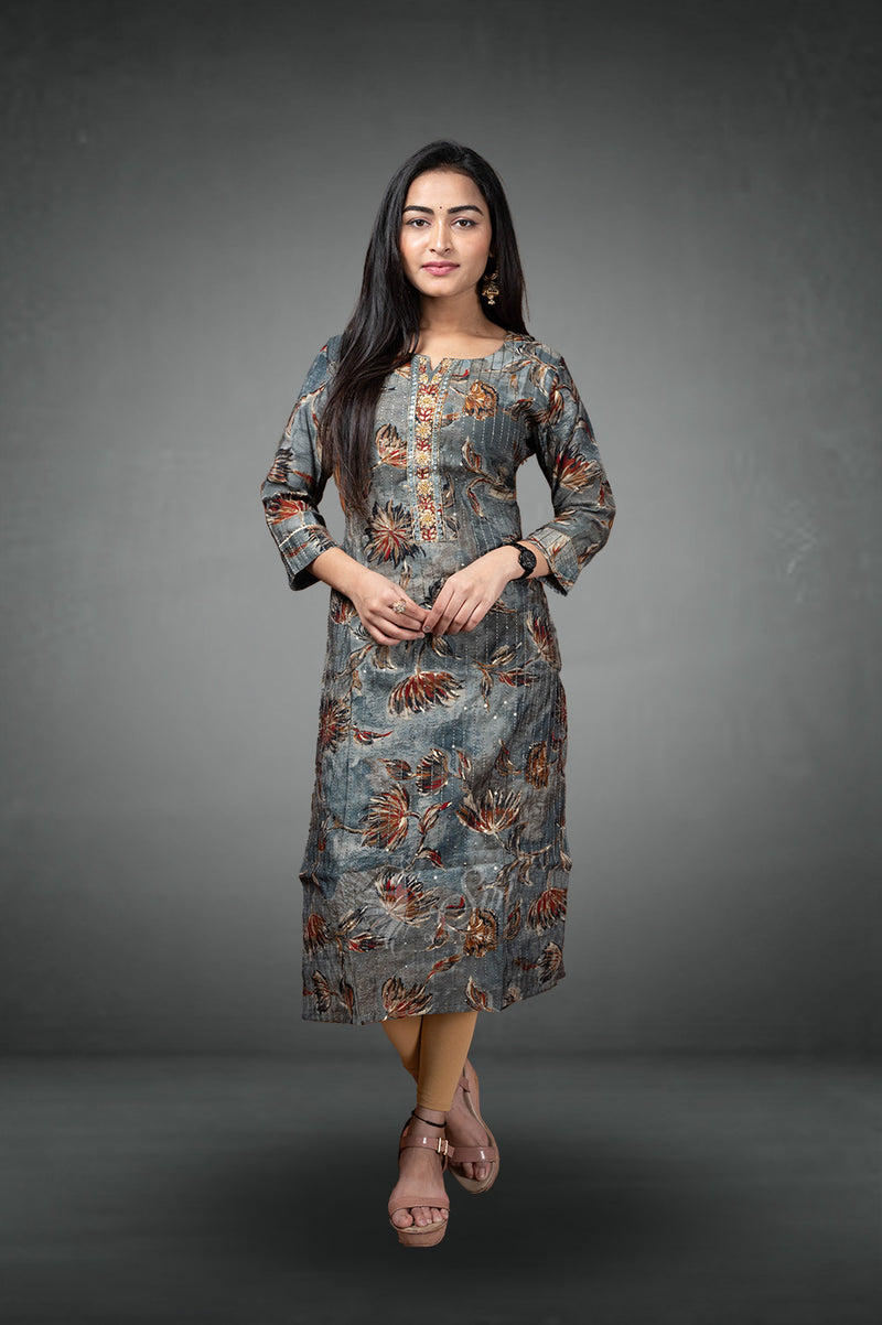 Gray colour chanderi straight cut kurti