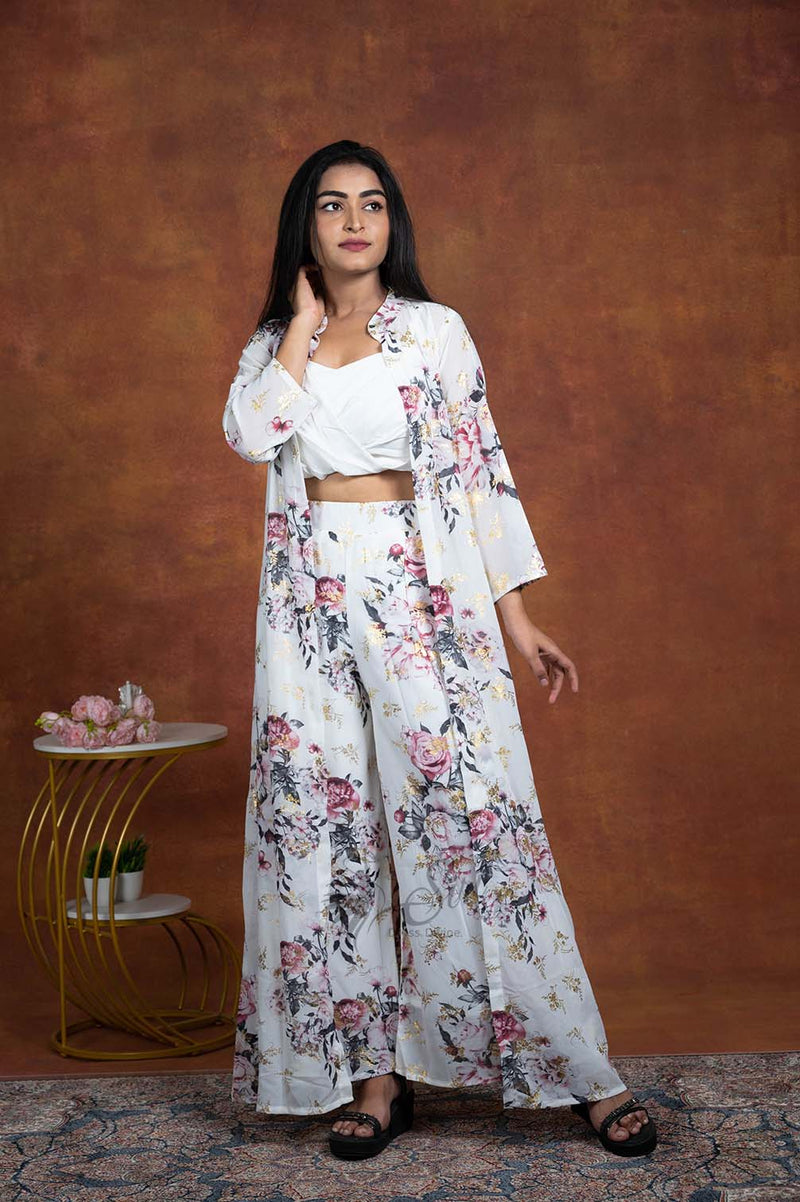 White Floral Print Westren Crop Set