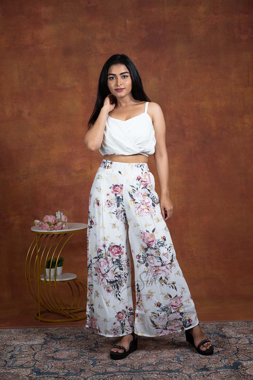White Floral Print Westren Crop Set