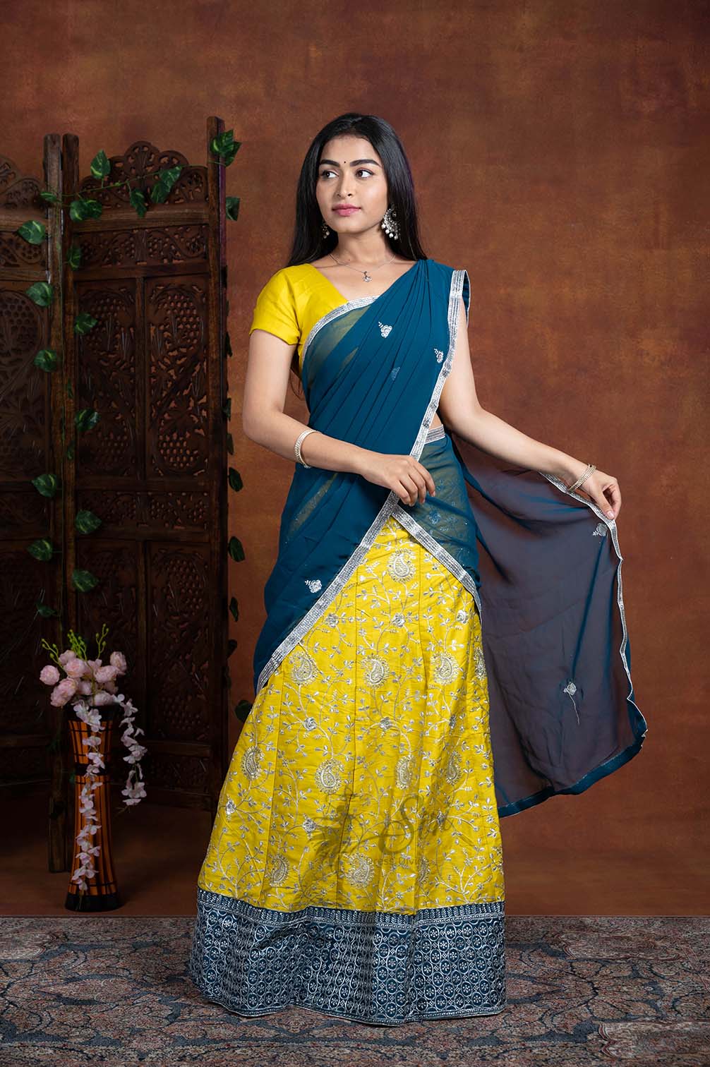 Yellow And Teal Blue Half Saree – SUBHAM GRAND