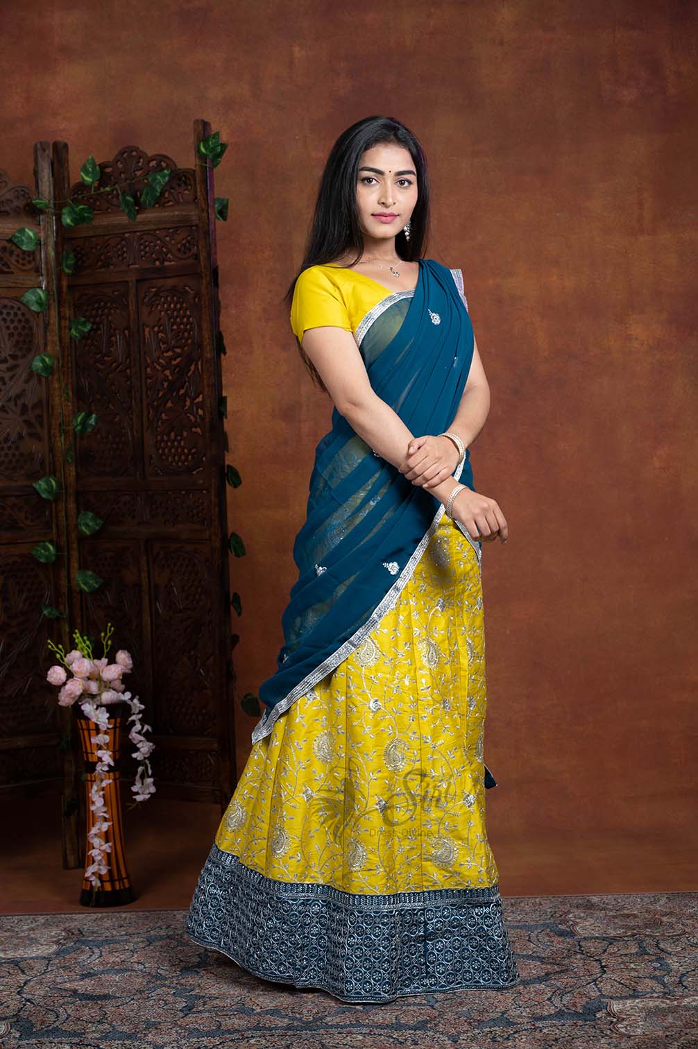 Shop Coral and Navy Blue Art Silk Half N Half Saree For Festival Online