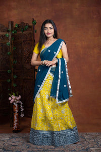 Yellow And Teal Blue Half Saree