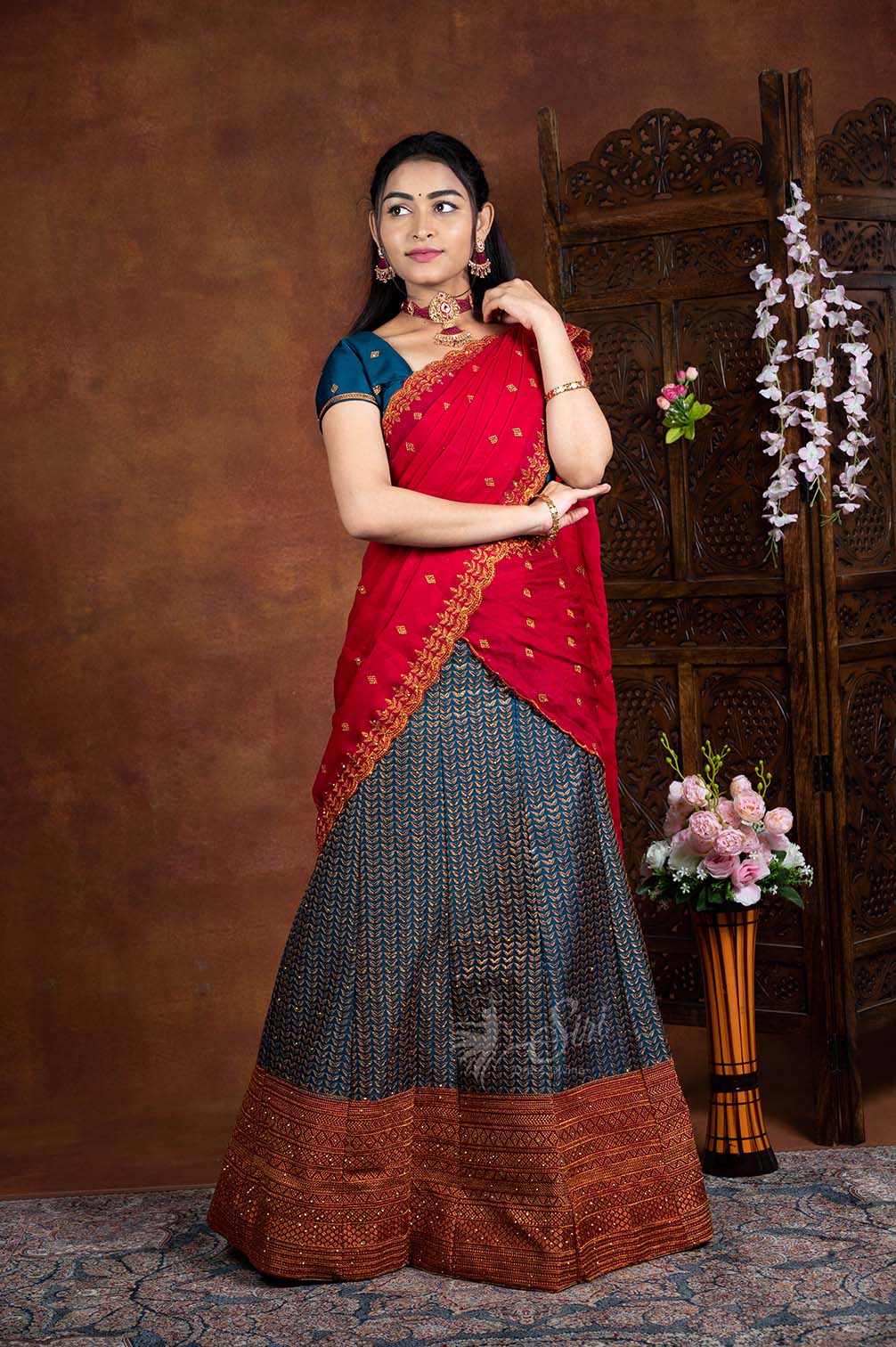 Red & Navy Blue & Maroon & Wine & Purple & Cream & White & Green & Peach &  Black & Rama Wedding & Party Wear Silk Half Saree Lehenga - Buy