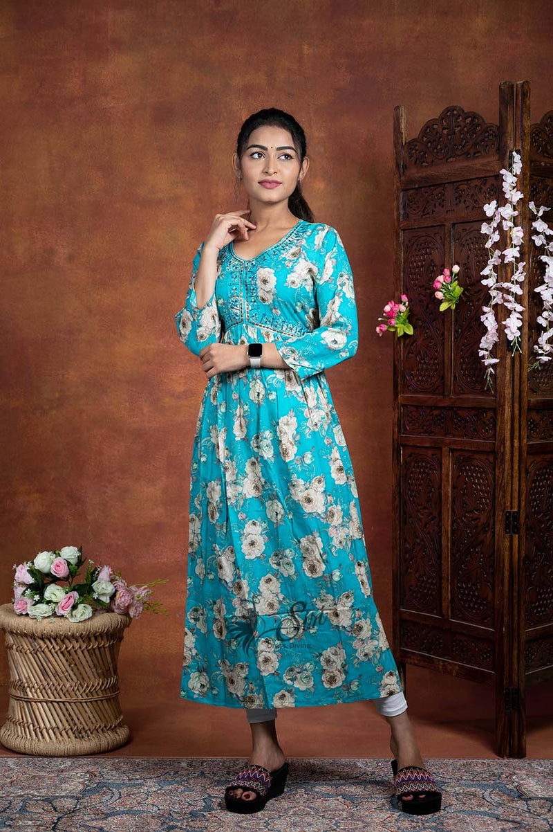Sky Blue Colour Floral Print Kurti