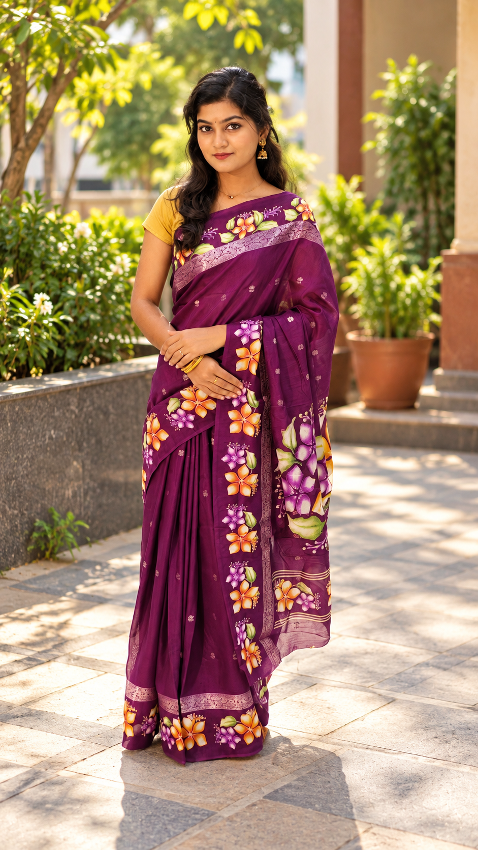 Hand-Painted Floral Raw Silk Saree