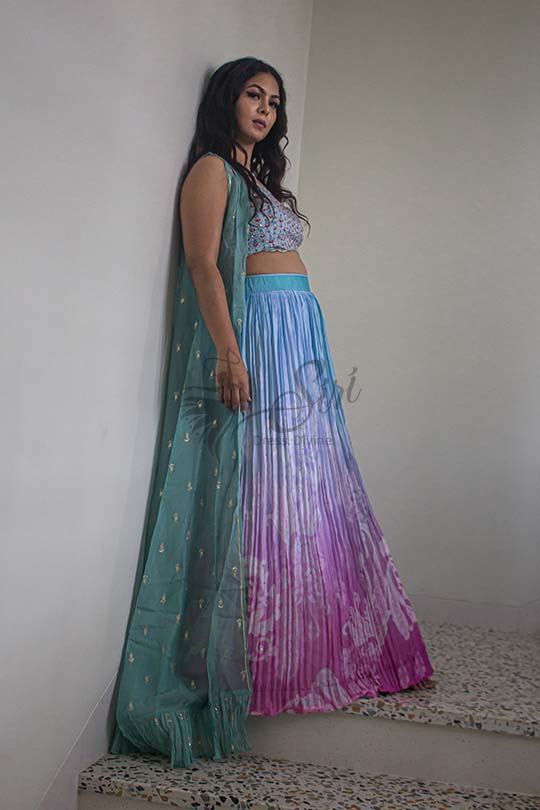 Sea Blue And Lavendar Organza Fabric Crop Top