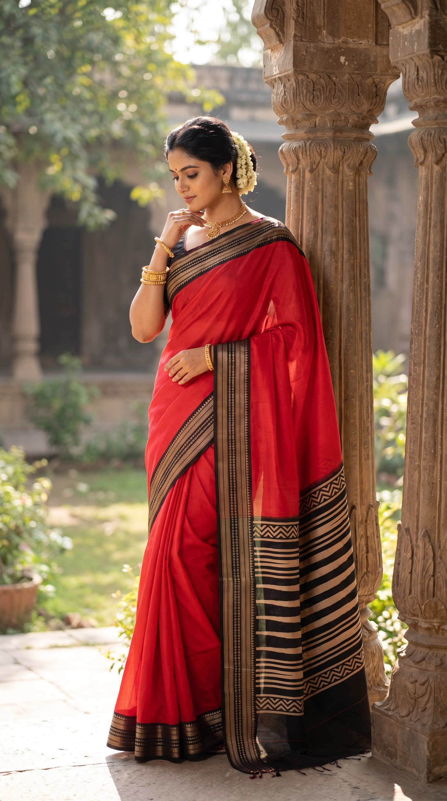 red crepe saree