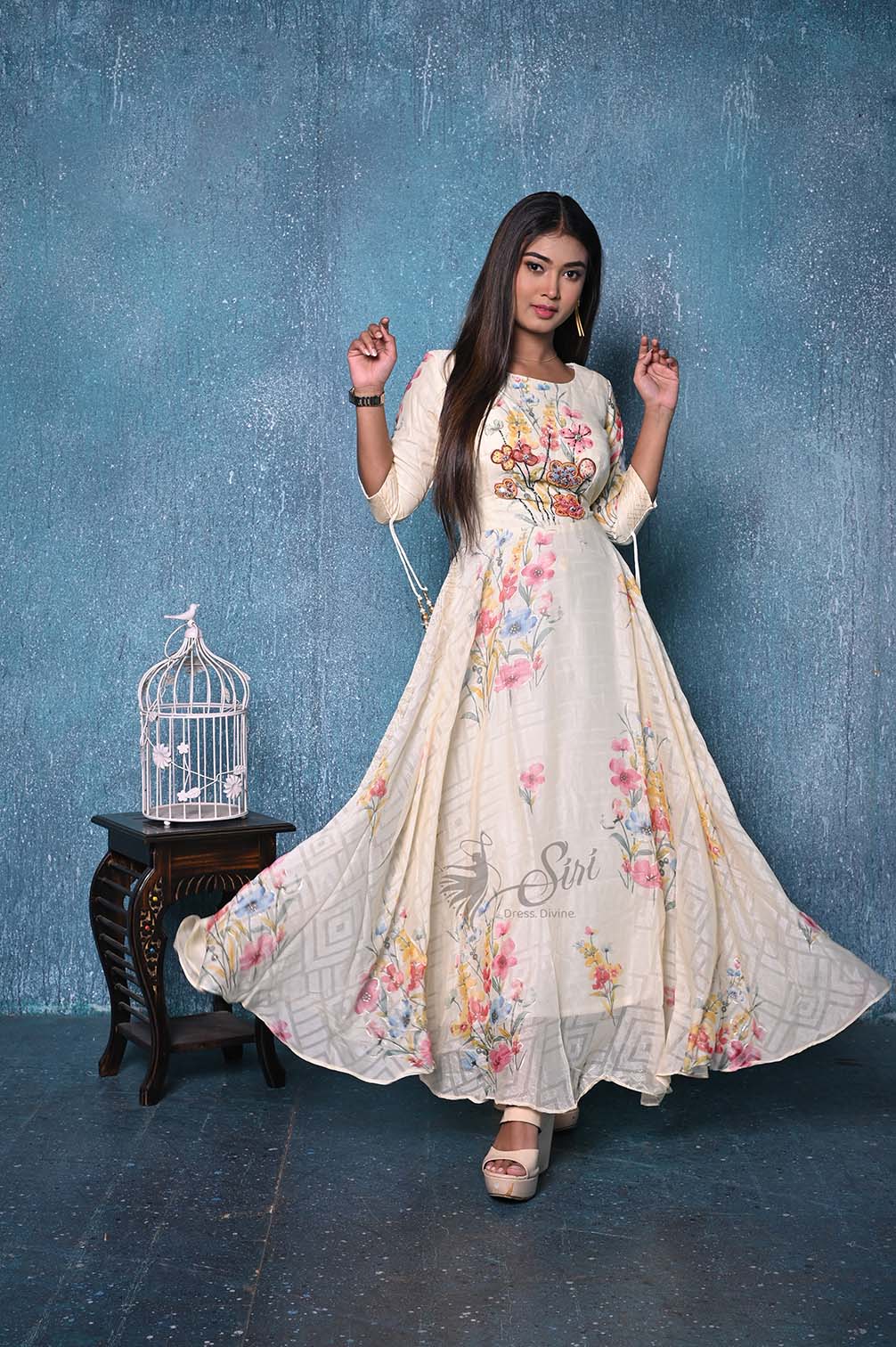 Digital Floral Print And Stone Work Kurti