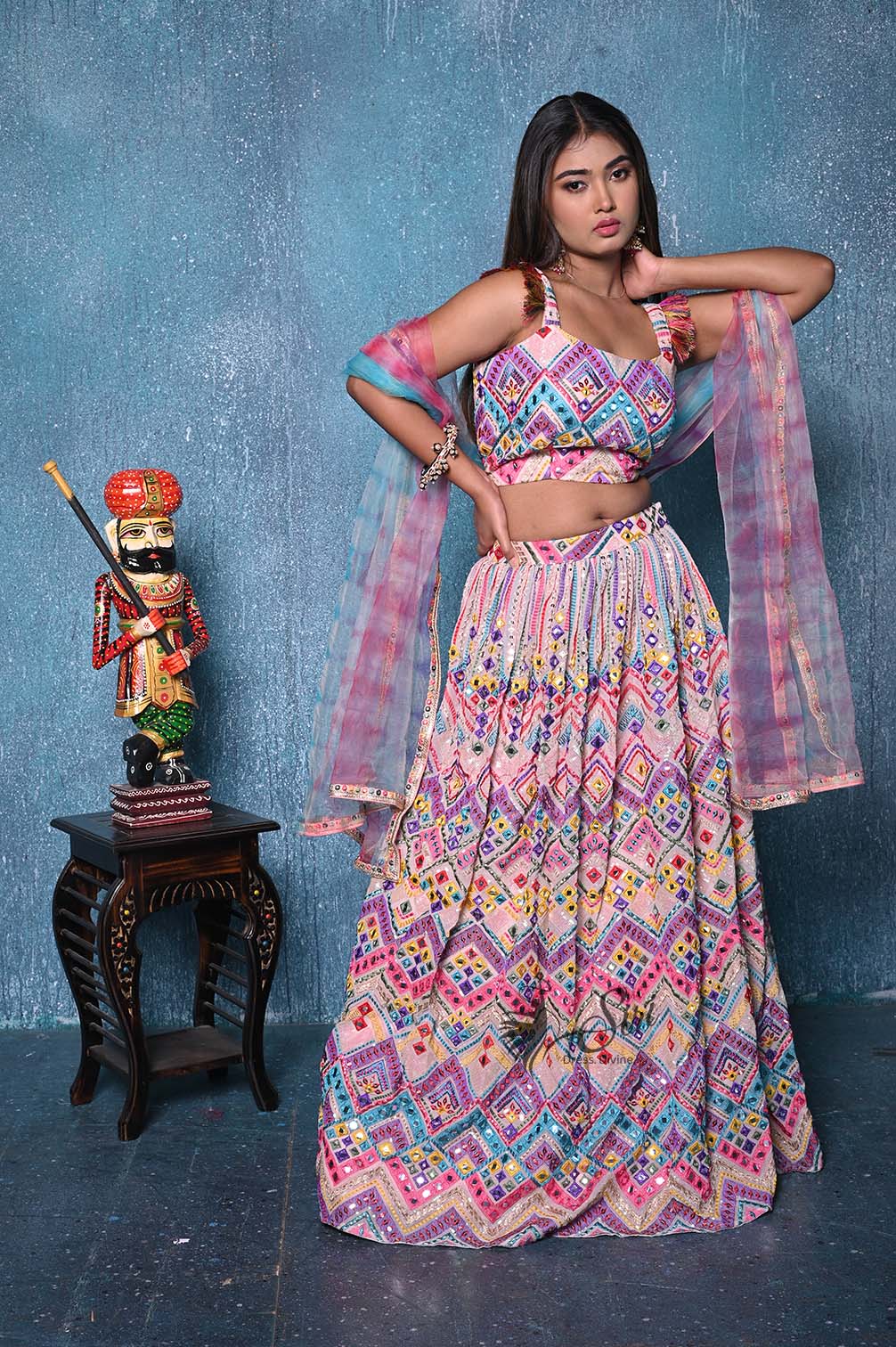 Thread And Mirror Work, Shibori Print Crop Top
