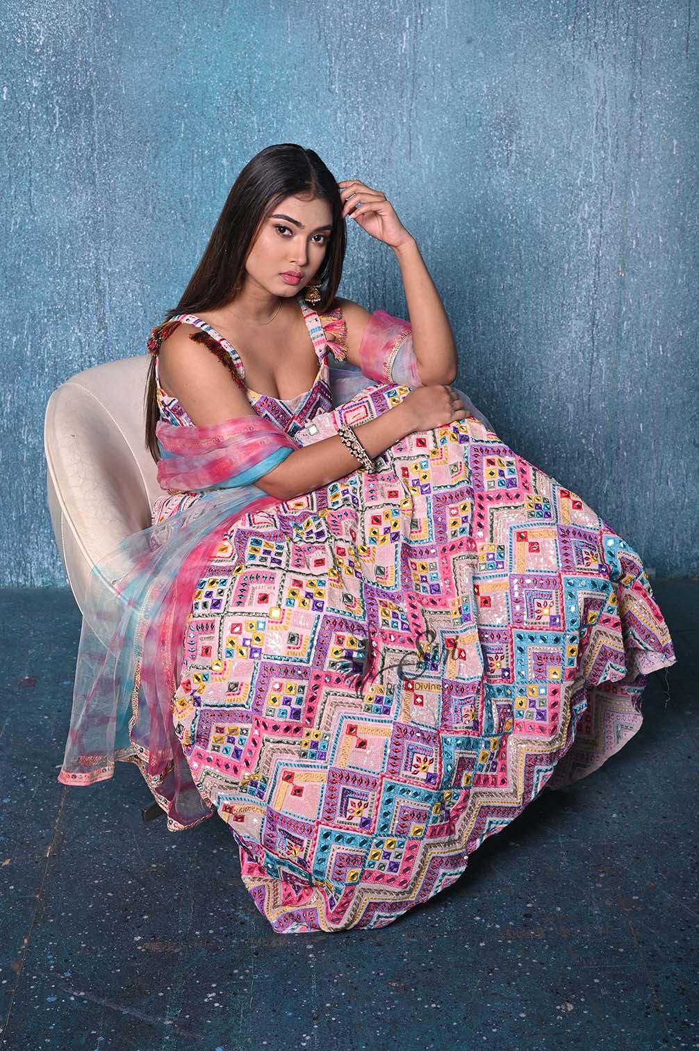 Thread And Mirror Work, Shibori Print Crop Top