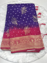 Purple and pink ombre georgette bandhani saree with heavy gold zari border