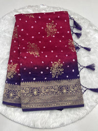 Red and deep purple ombre georgette bandhani saree with heavy gold zari border