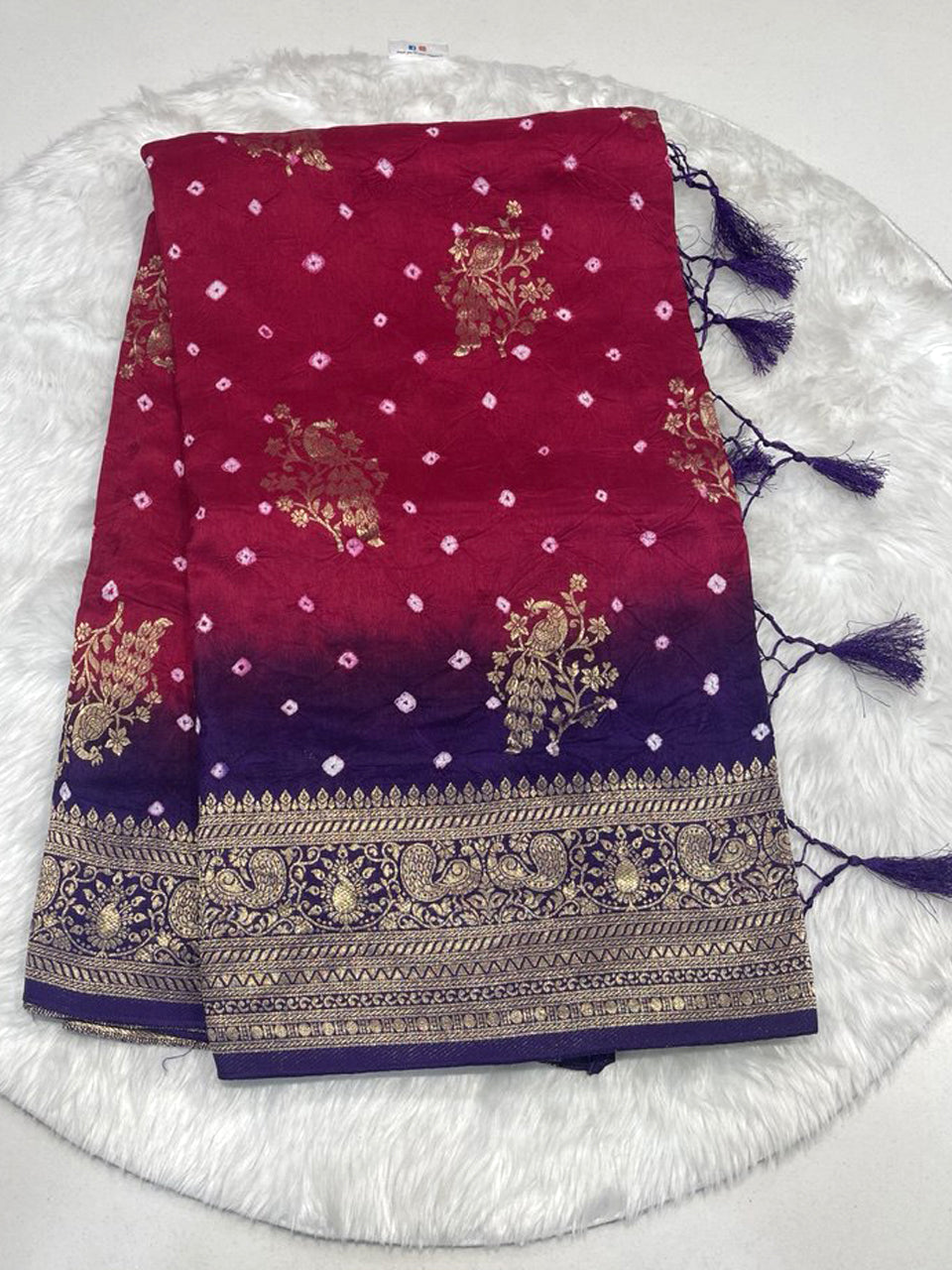 Red and deep purple ombre georgette bandhani saree with heavy gold zari border
