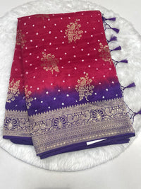Crimson red and royal purple ombre bandhani georgette saree with heavy gold zari border