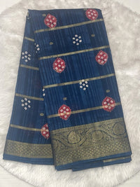 Navy blue Bailu jute saree with horizontal zari lines and bandhani print motifs, finished with a heavy zari border.
