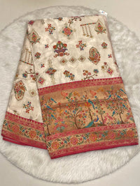 Off-White Bailu Pattu Saree with multi-color motifs and heavy contrast Zamdani border
