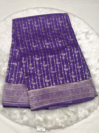Deep purple Banarasi soft fancy saree with vertical gold zari weaving and bird motifs, featuring a rich zari border.