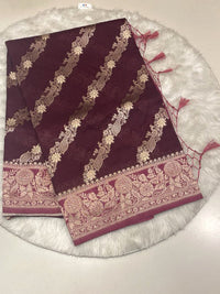 Diagonal Zari Stripes Banarasi Jute Saree