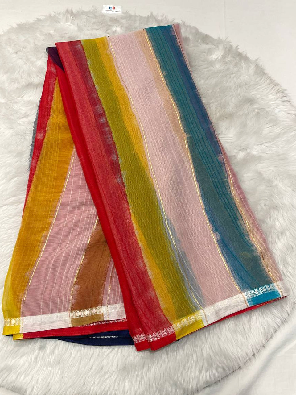 Multicolour Rainbow Stripe Chiffon Saree