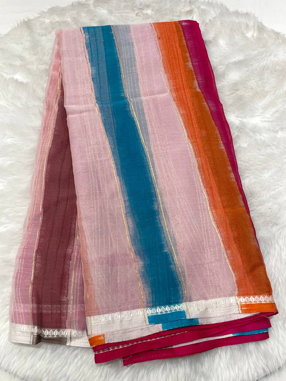 Multicolour Rainbow Stripe Chiffon Saree