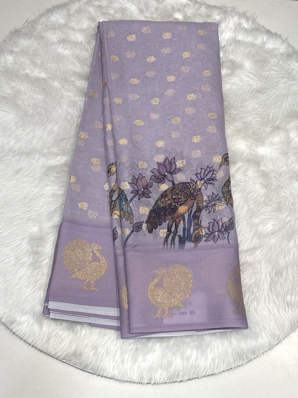 Lavender Micro Georgette Saree with Gold Zari Buta Weave, Hand-Printed Crane Bird and Peacock Border Design