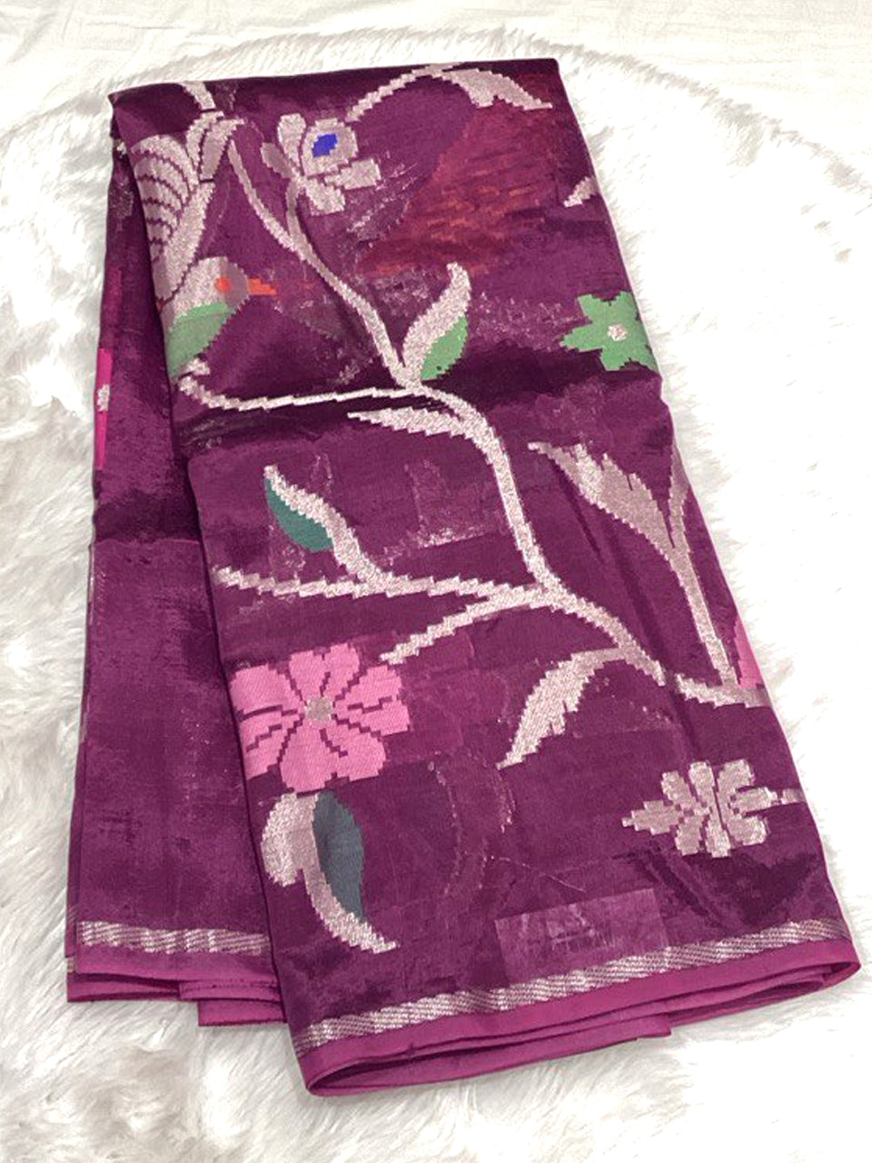 Deep wine Dola Silk saree with double jacquard silver floral weaving and pink accents