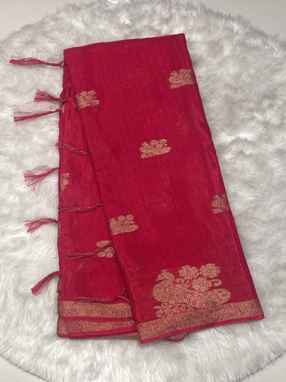 Crimson Peacock Chinon Silk Saree