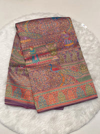 Purple Cora Fancy Designer Saree featuring royal Rajput figures and meenakari border