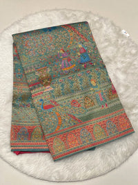 Teal Green Cora Fancy Saree with Jaipur Rajput Meenakari weaving and peacock design