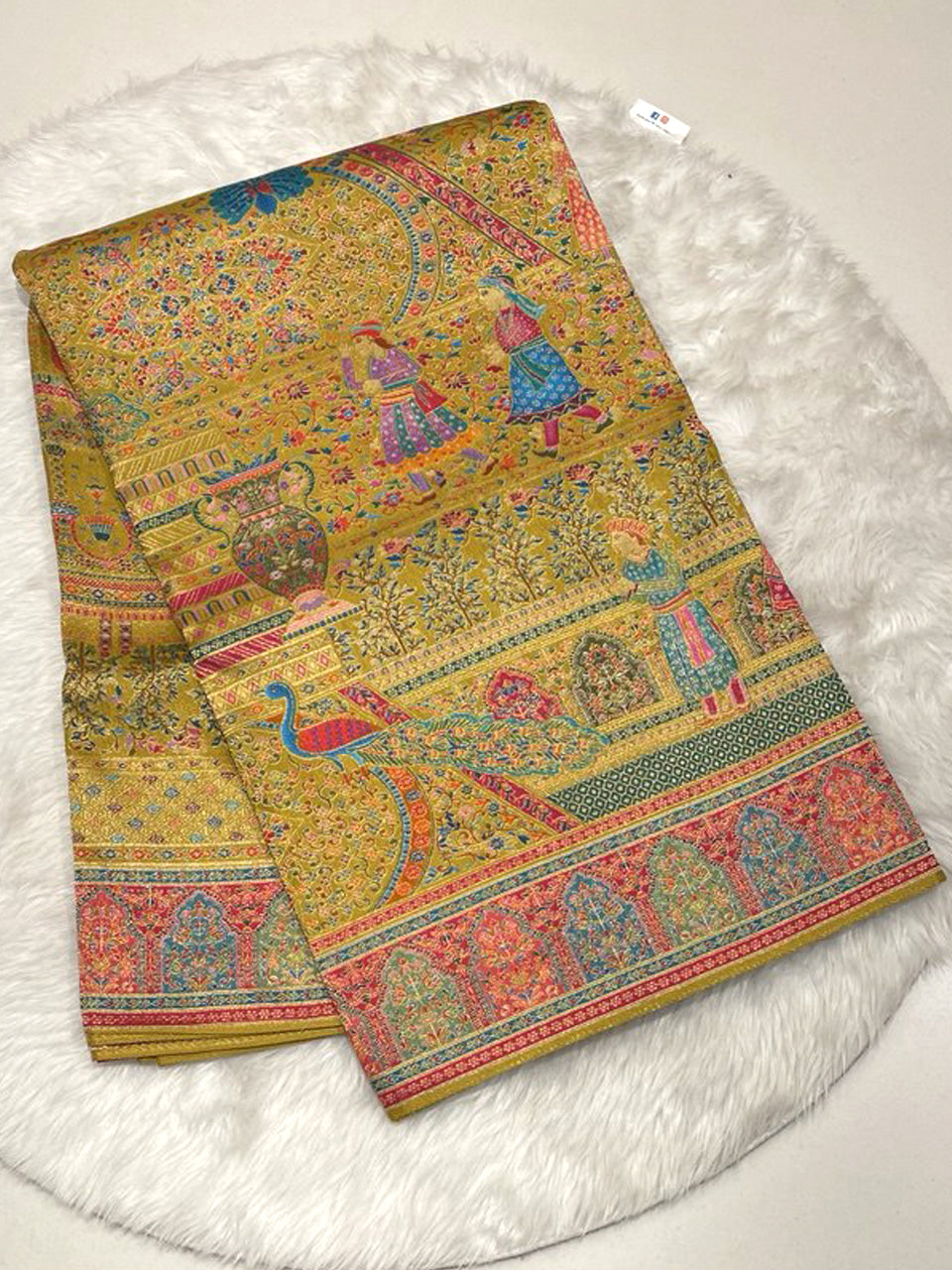 Mustard Yellow Cora Fancy Saree with traditional Meenakari weaving for weddings