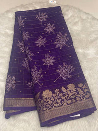 Violet Georgette Crepe Saree with Gold Zari Check
