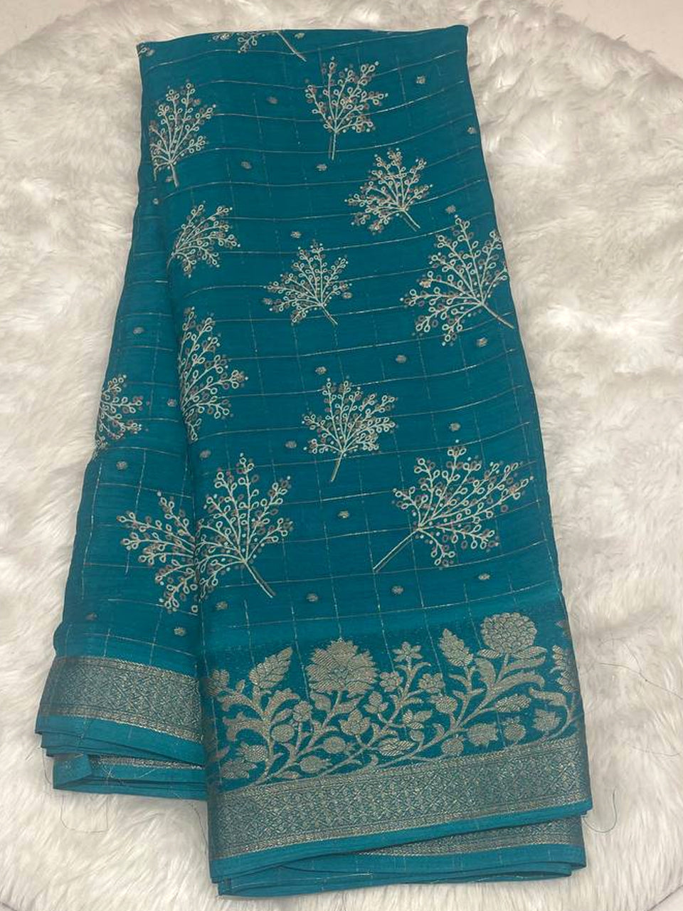 Violet Georgette Crepe Saree with Gold Zari Check