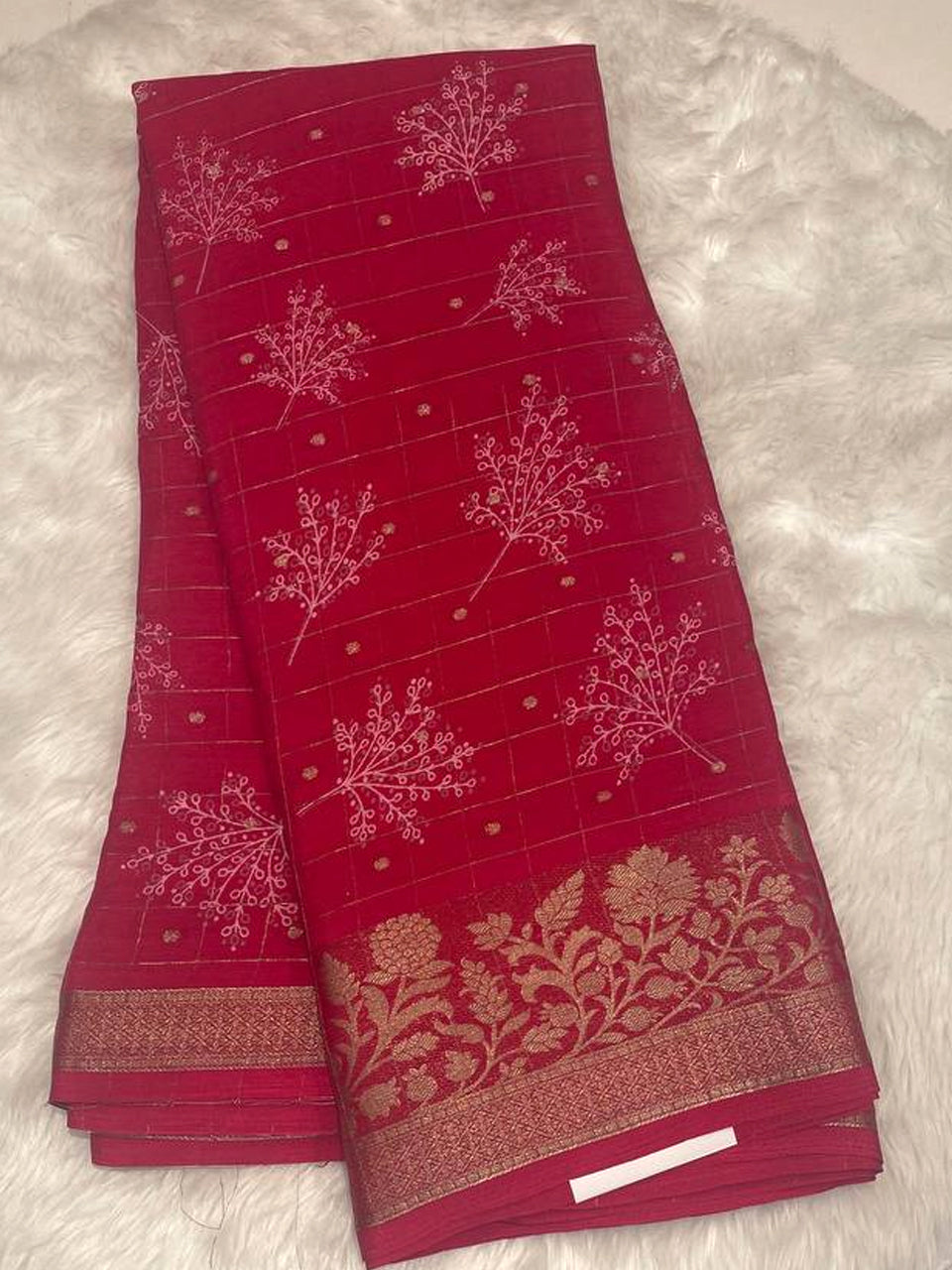 Violet Georgette Crepe Saree with Gold Zari Check