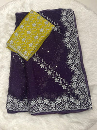 Deep Purple Chiffon Saree with Heavy Silver Zari Floral Cutwork Border and Vibrant Yellow Contrast Designer Blouse.